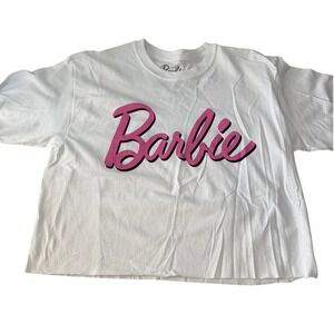 Barbie Movie Logo Script Graphic Oversized Crop Tee Shirt White Womens L NEW